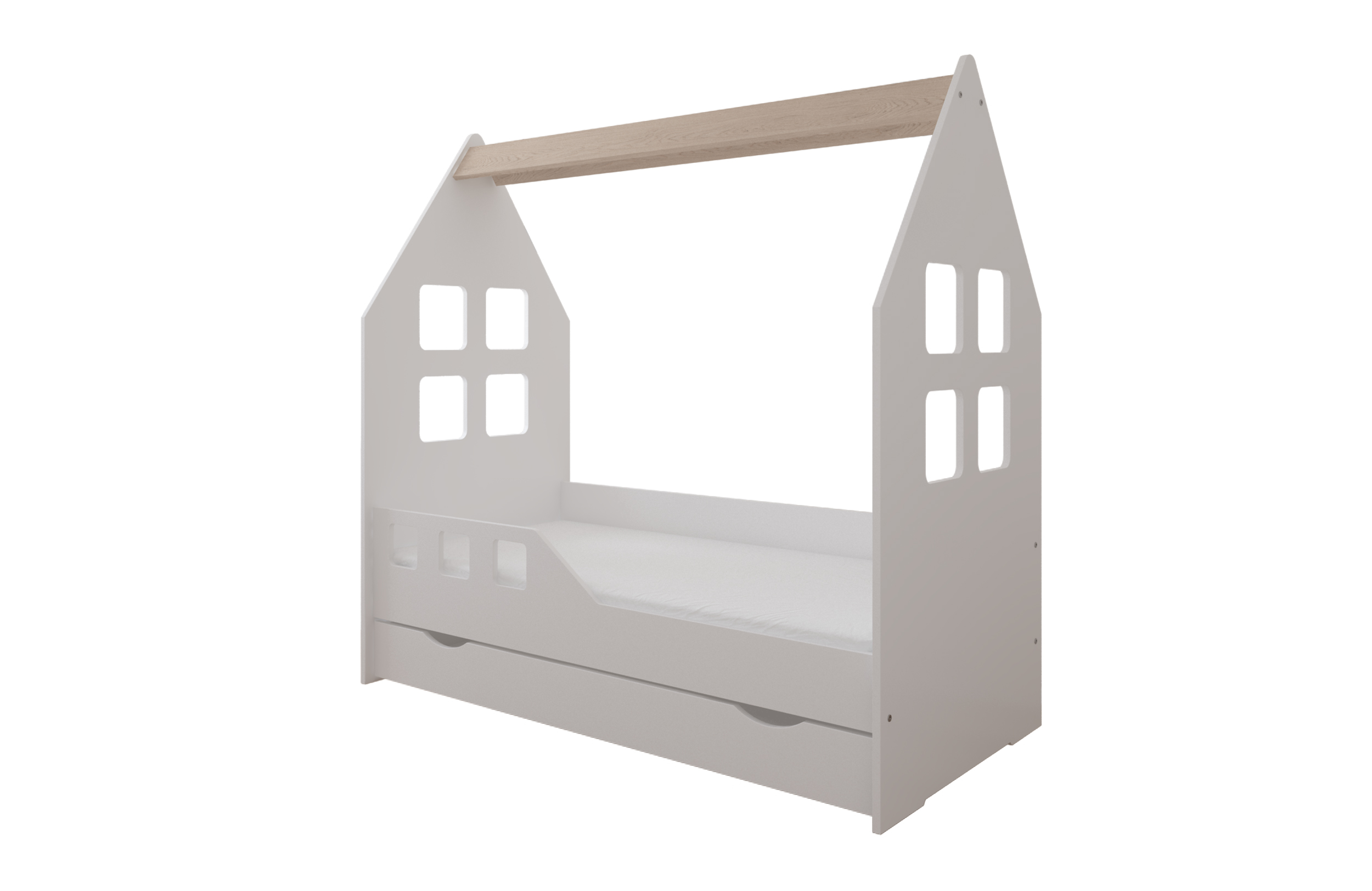 Detská domčeková posteľ OLIVER so zásuvkou, biela/dub + biela, od 160x80 cm