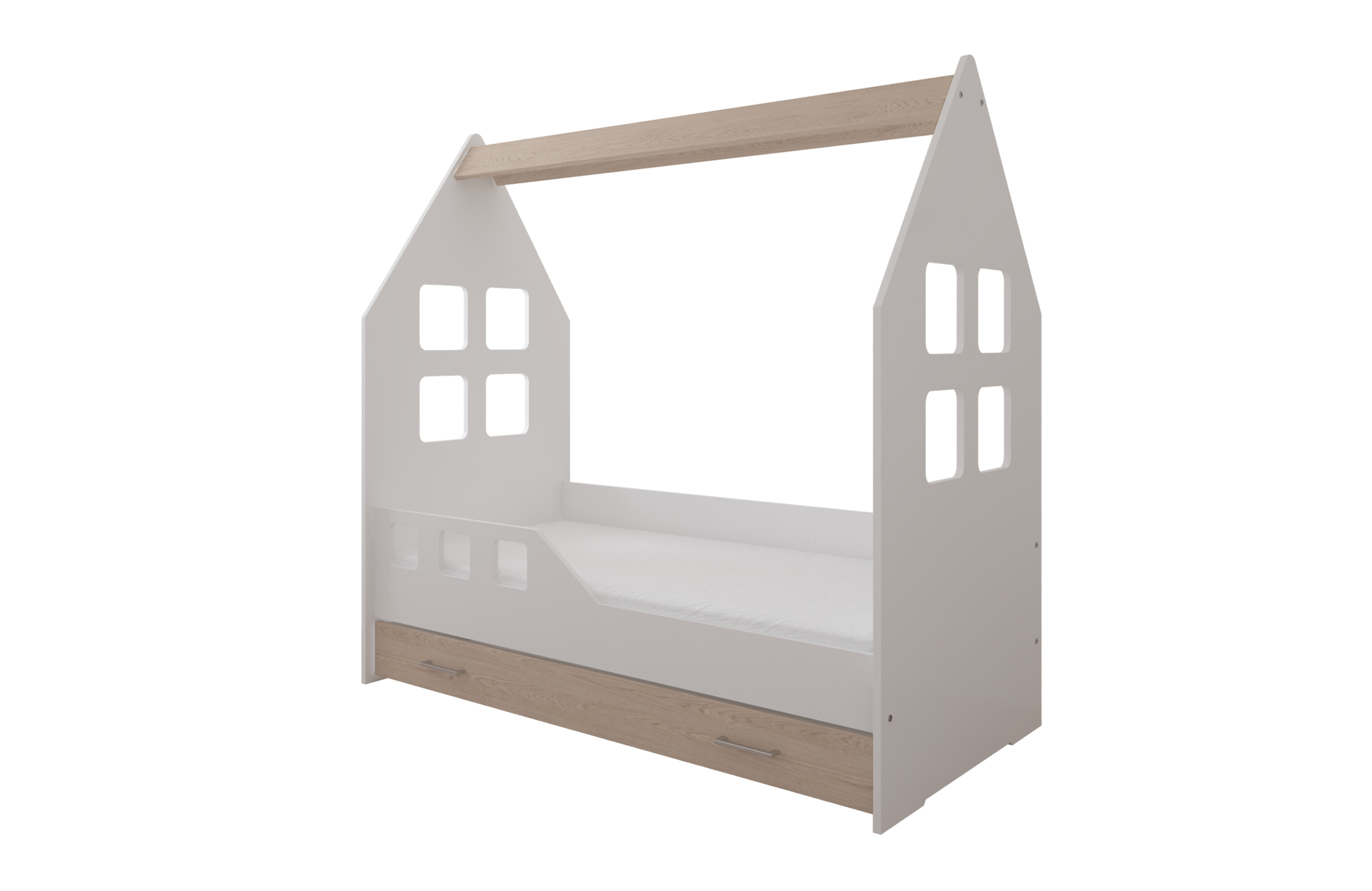 Detská domčeková posteľ OLIVER so zásuvkou, biela/dub + dub, od 160x80  cm