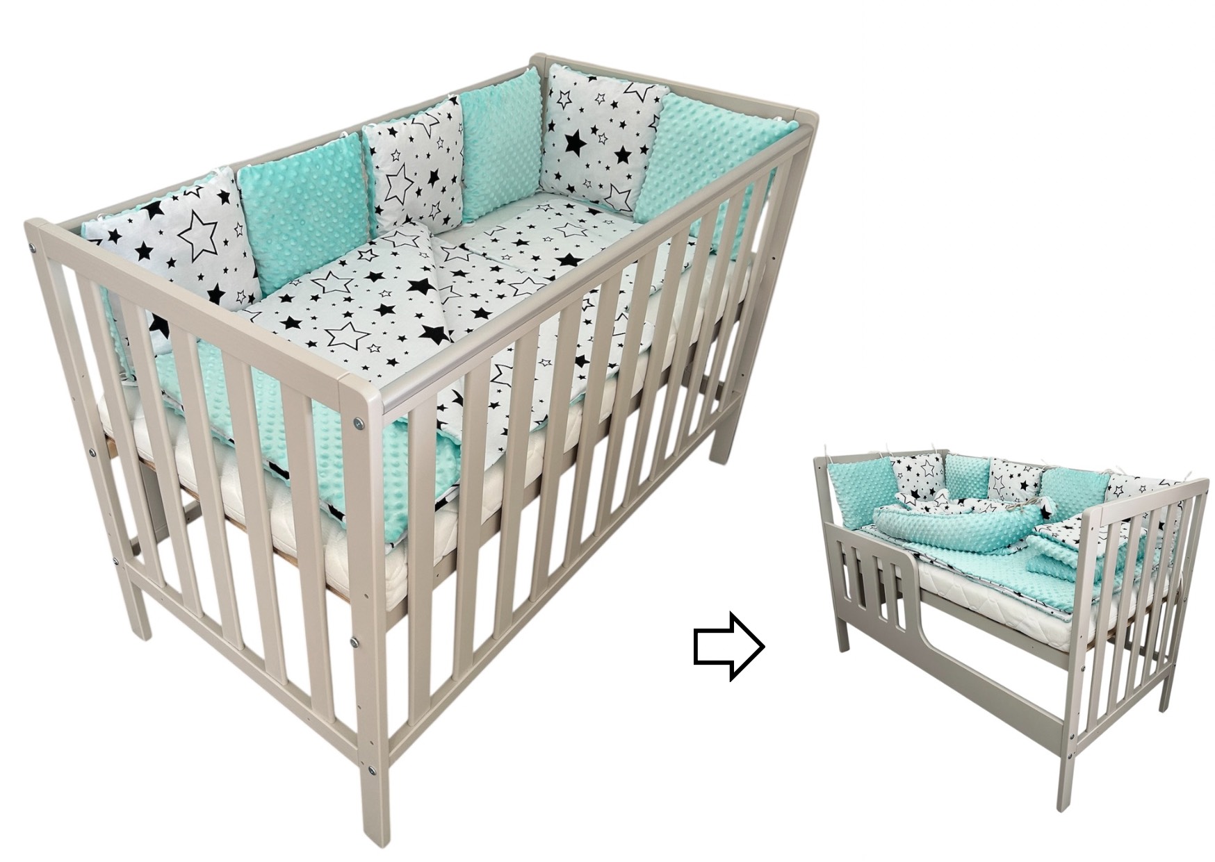 Komplet: Postieľka BAMBI kašmír 2v1-so zábranou a súpravou MINKY - výber 35 vzorov